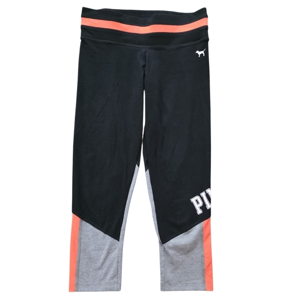 PINK Victoria's Secret Black and Gray Leggings with Color-Block Design Capri XS